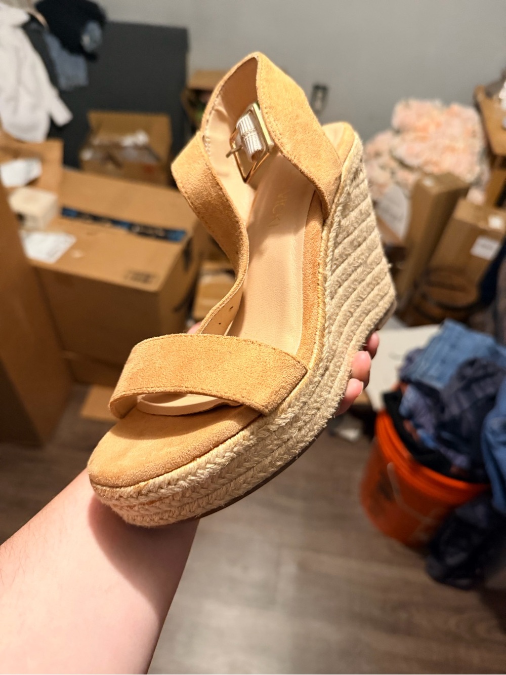 Womens Tan Espadrille Wedge Sandals - Suede Platform. Size 5 women.